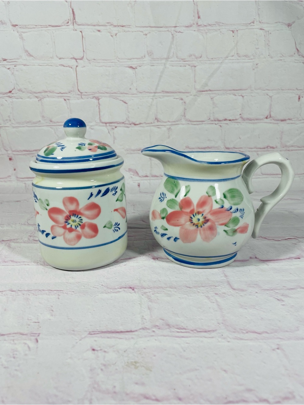 Hand Painted Floral Ceramic Covered Sugar Bowl and Creamer Set